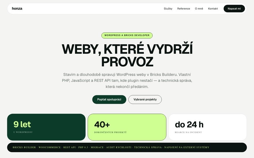Náhled webu developerhonza.cz — portfolio WordPress a Bricks vývojáře