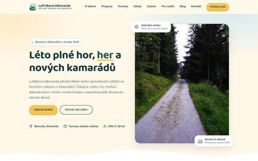 Náhled webu Lufťákova táboranda — dětské tábory na Benecku