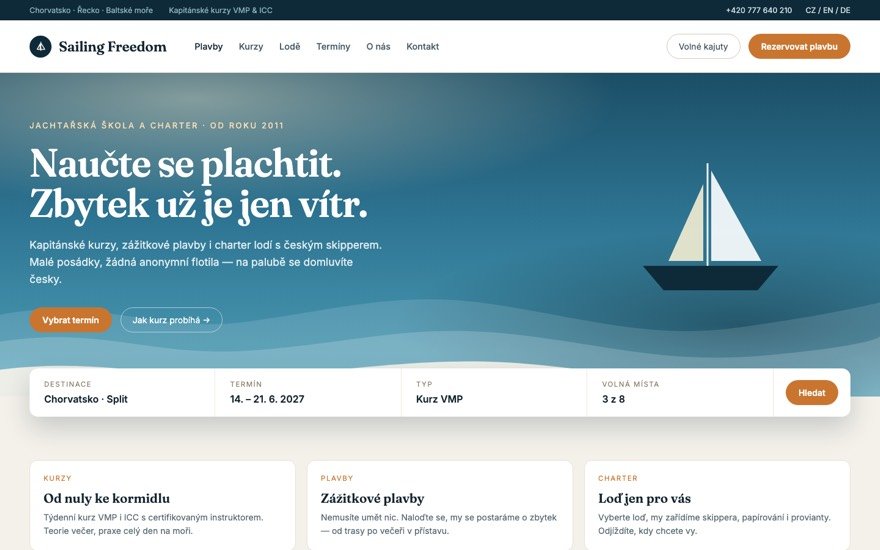 Návrh webu Sailing Freedom — jachtařská škola a charter